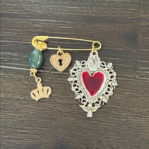 Hand Crafted Heart Brooch with Red and Gold Charms